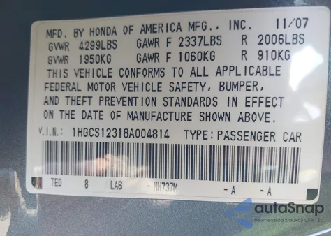2008 Honda Accord 2.4 Lx-S from USA, damaged, VIN 1HGCS12318A004814